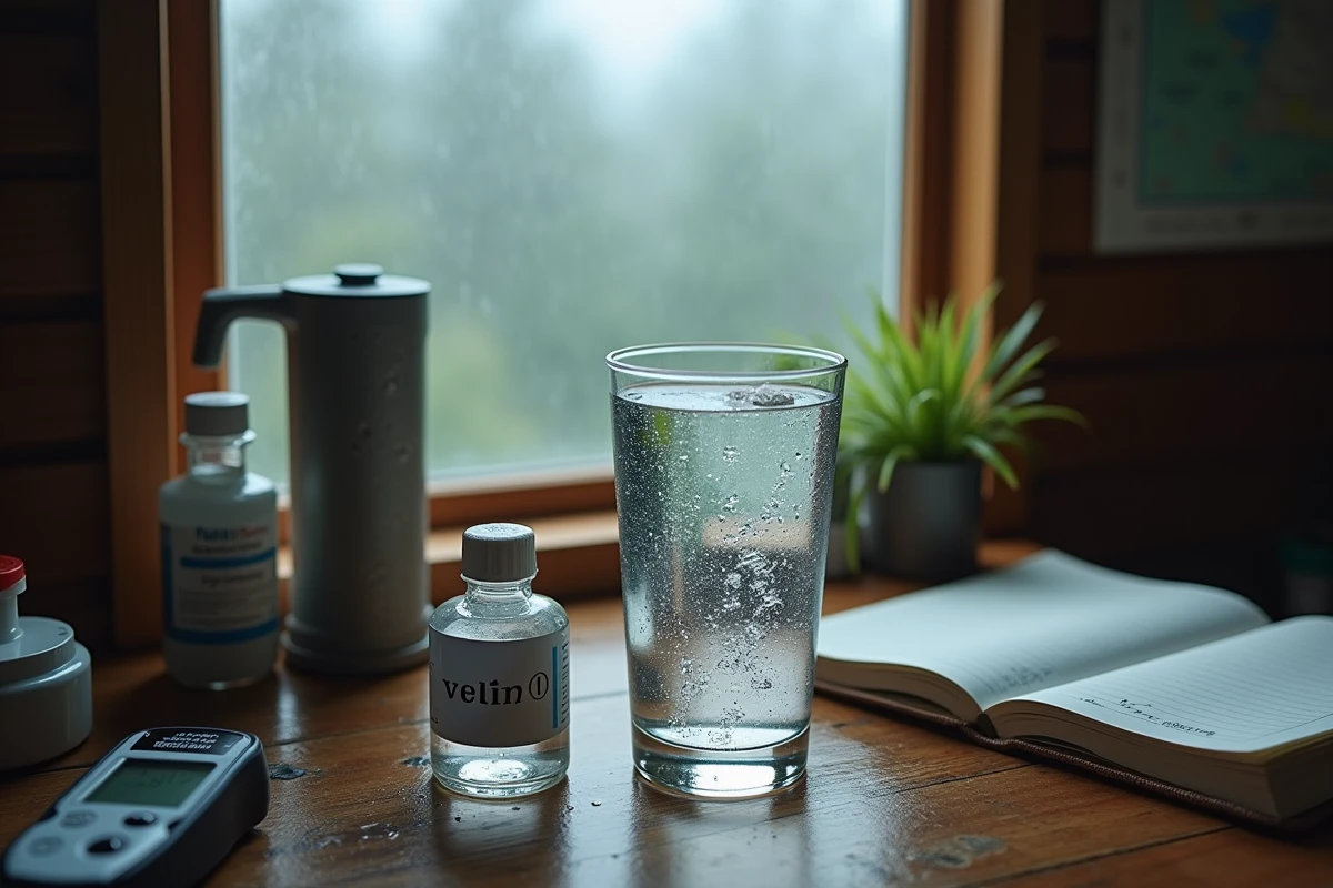 Verre d'eau de pluie filtrée sur une table avec filtre céramique portable, comprimés de purification et testeur TDS dans un chalet hors réseau