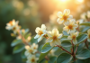 Arbuste d'Eleagnus en fleurs dans un jardin ensoleille avec feuillage argenté