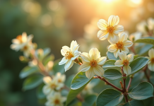 Arbuste d'Eleagnus en fleurs dans un jardin ensoleille avec feuillage argenté
