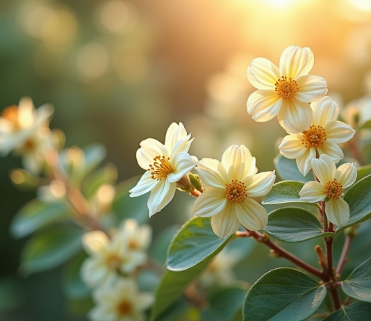 Arbuste d'Eleagnus en fleurs dans un jardin ensoleille avec feuillage argenté