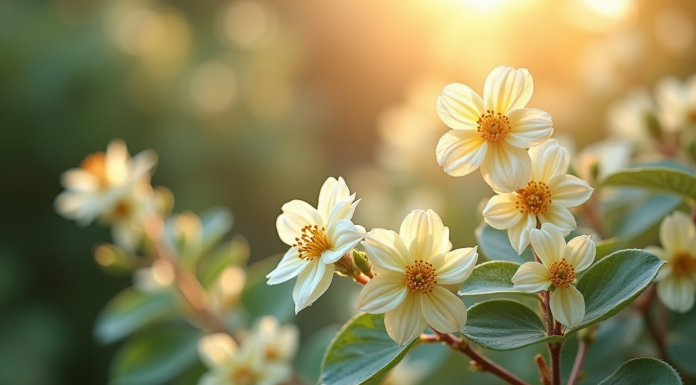 Arbuste d'Eleagnus en fleurs dans un jardin ensoleille avec feuillage argenté