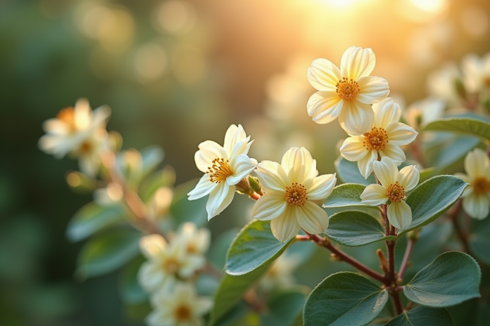 Arbuste d'Eleagnus en fleurs dans un jardin ensoleille avec feuillage argenté