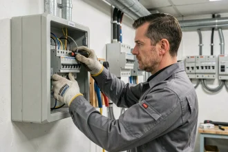 Électricien installant un disjoncteur différentiel dans un tableau électrique mural ouvert