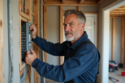 Électricien en uniforme installant un panneau électrique