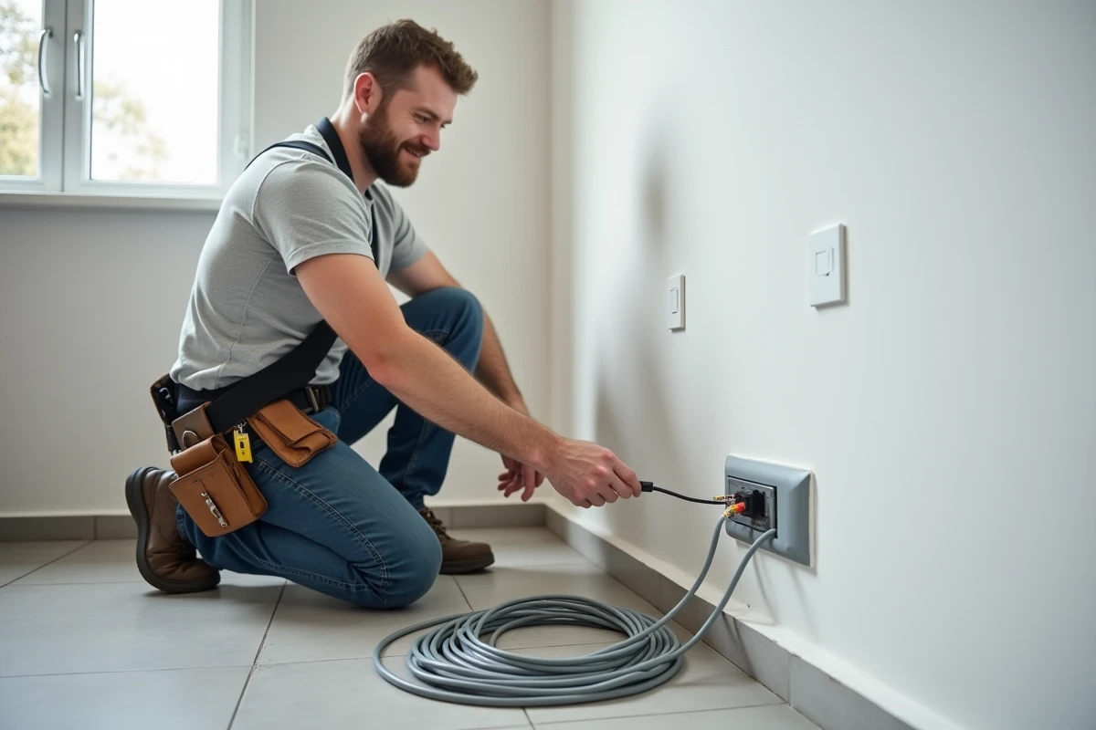 Électricien installant une goulotte PVC avec prise intégrée le long d'un mur dans une pièce rénovée