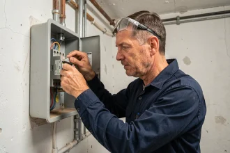 Électricien réglant un contacteur jour nuit dans un tableau électrique résidentiel