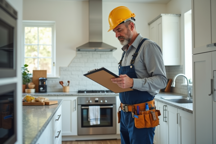 Électricien vérifiant un panneau électrique dans une cuisine moderne