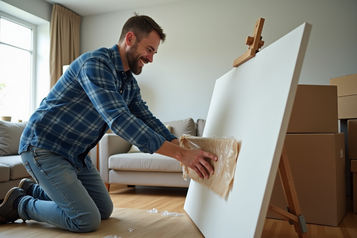 Homme emballant une grande toile dans un salon moderne