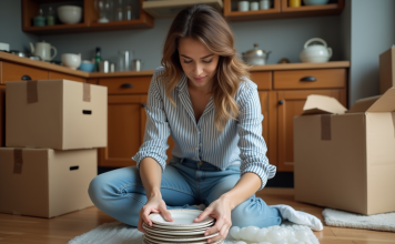 Protéger sa vaisselle lors de son déménagement : astuces pratiques et efficaces Femme emballant des assiettes dans un carton pour déménagement