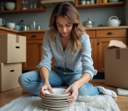 Protéger sa vaisselle lors de son déménagement : astuces pratiques et efficaces Femme emballant des assiettes dans un carton pour déménagement