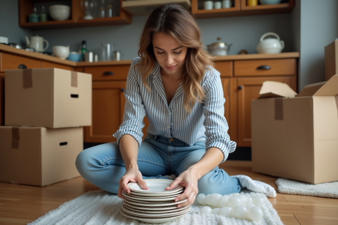 emballage-vaisselle-move Femme emballant des assiettes dans un carton pour déménagement