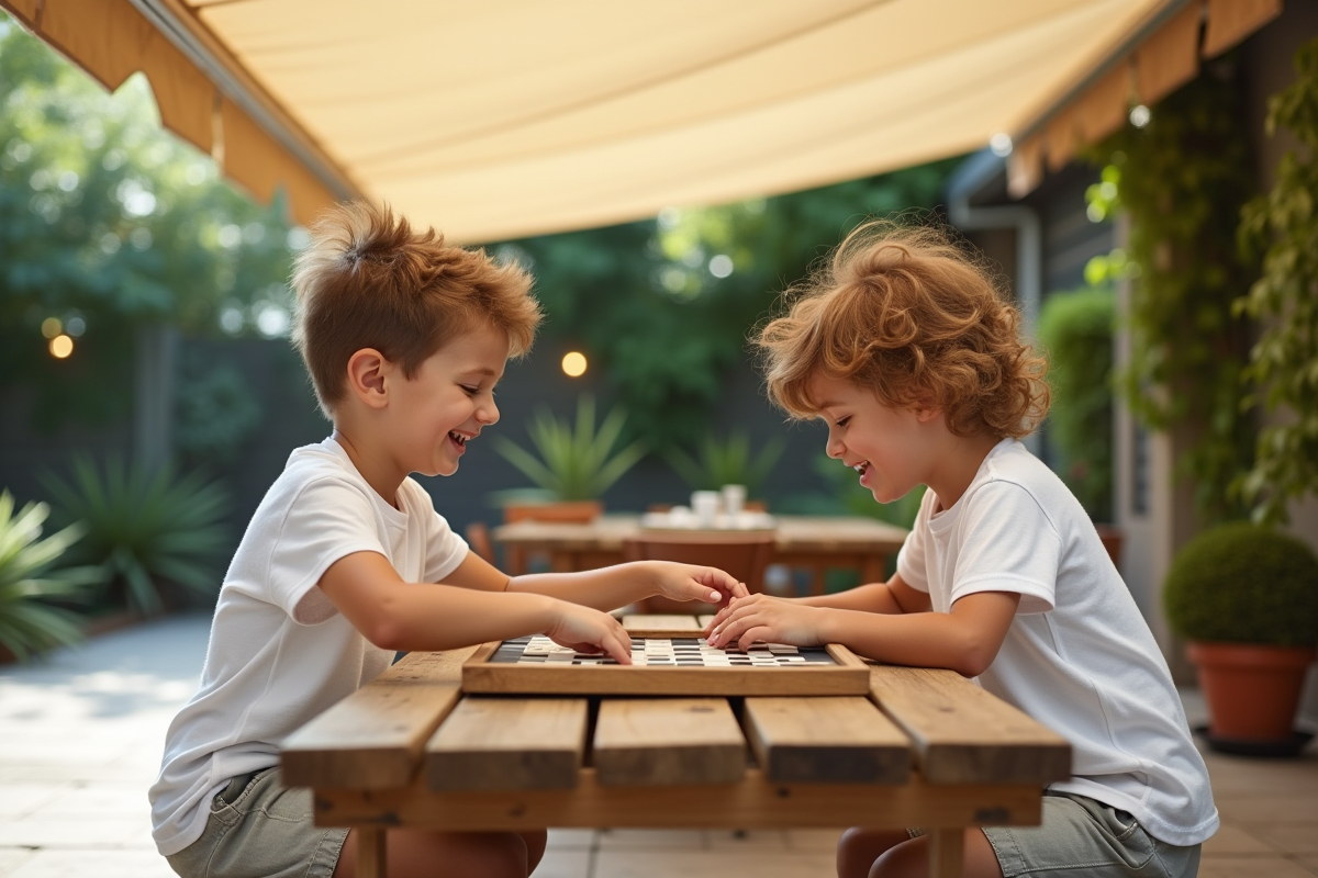 Deux enfants jouant à un jeu de société sous une pergola en plein air