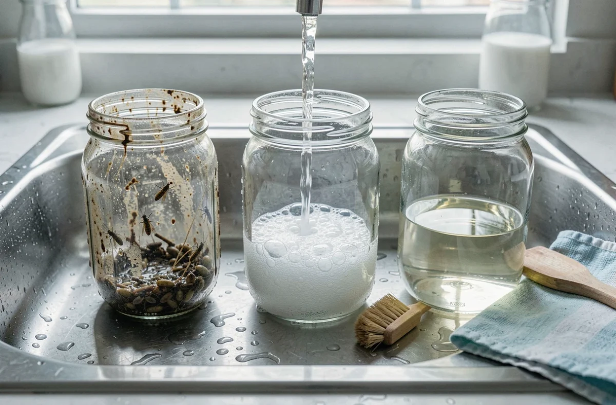 Trois bocaux en verre montrant les étapes d'entretien d'un piège à mouches vinaigre réutilisable posés sur le bord d'un évier en inox
