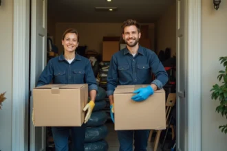 Équipe de débarras professionnel portant des cartons et meubles hors d'une maison encombrée en urgence