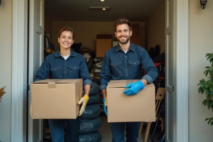 Équipe de débarras professionnel portant des cartons et meubles hors d'une maison encombrée en urgence