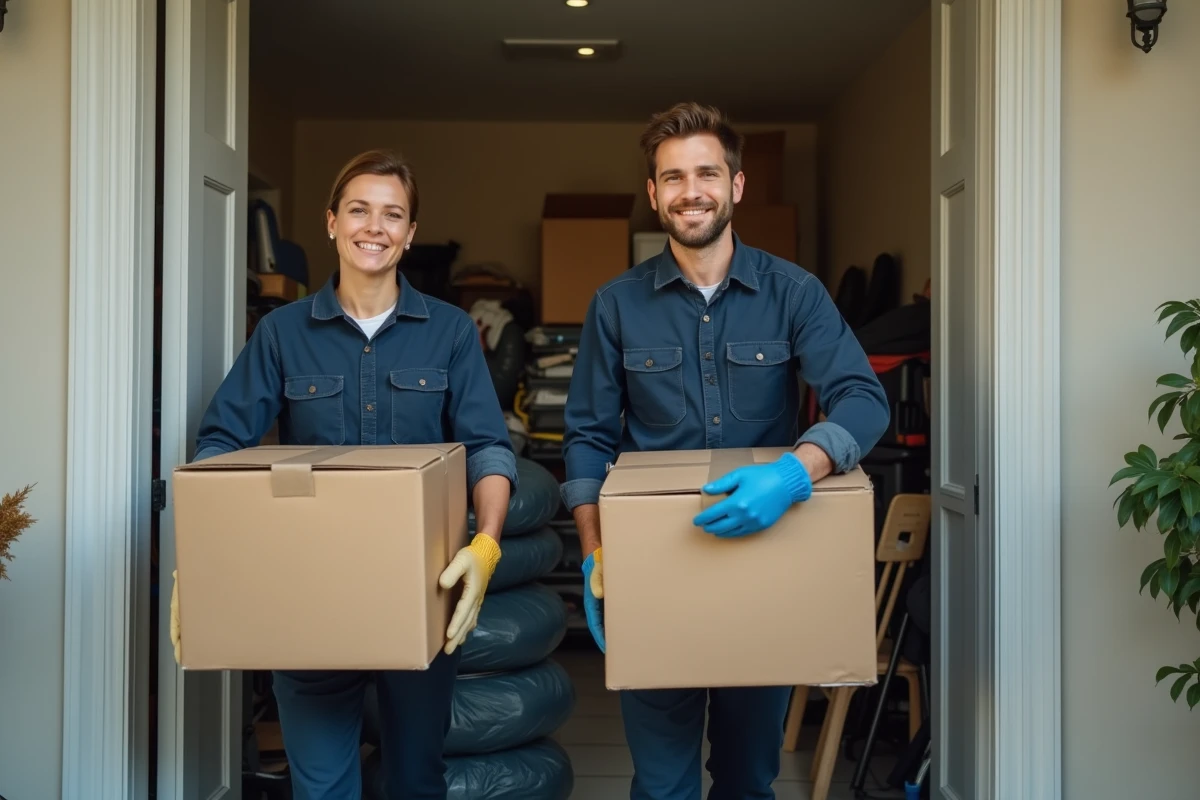 Équipe de débarras professionnel portant des cartons et meubles hors d'une maison encombrée en urgence