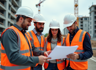 Bâtiment en 2025 : Nouveaux enjeux et tendances pour le secteur Groupe de professionnels de la construction utilisant une tablette