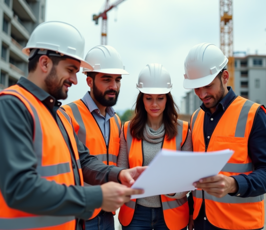 Bâtiment en 2025 : Nouveaux enjeux et tendances pour le secteur Groupe de professionnels de la construction utilisant une tablette