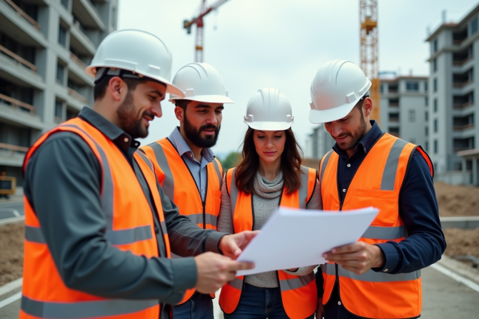 Groupe de professionnels de la construction utilisant une tablette