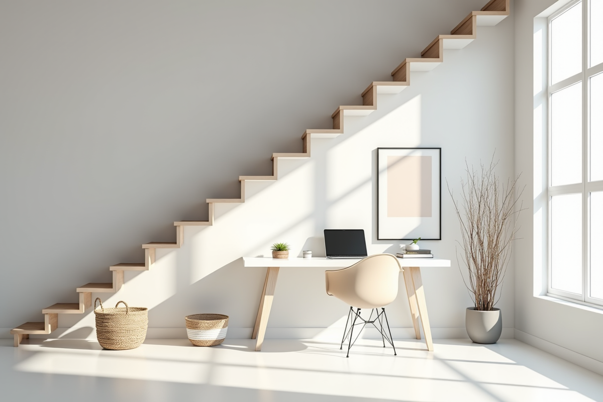 Espace de travail minimaliste sous un escalier flottant avec bureau blanc