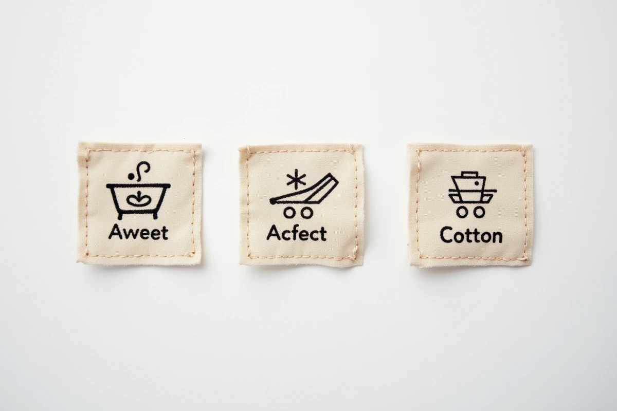 Étiquettes d'entretien textile montrant les différents symboles de lavage pour coton, synthétique et laine en gros plan