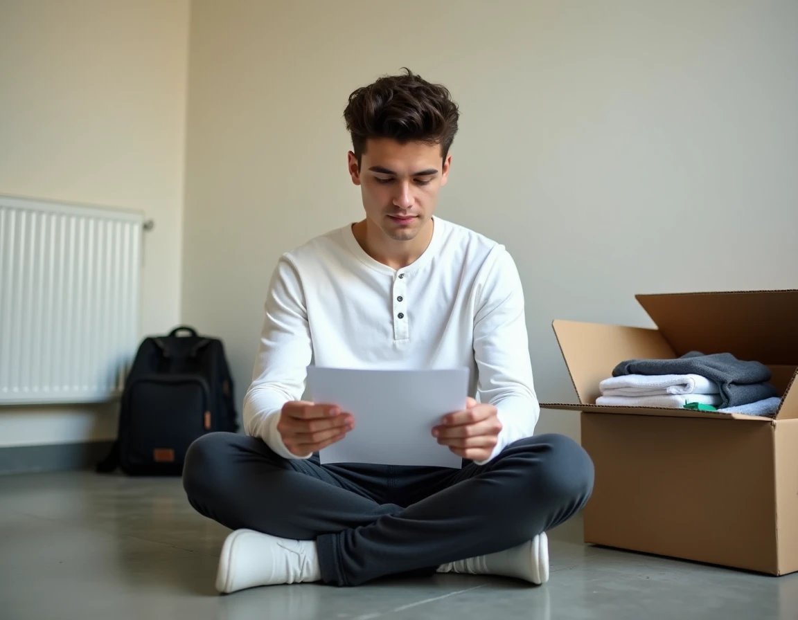 Étudiant consultant une liste de déménagement assis sur le sol d'une chambre vide