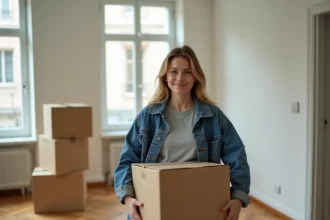 Étudiante emménageant dans un studio avec des cartons, parquet en bois et murs blancs