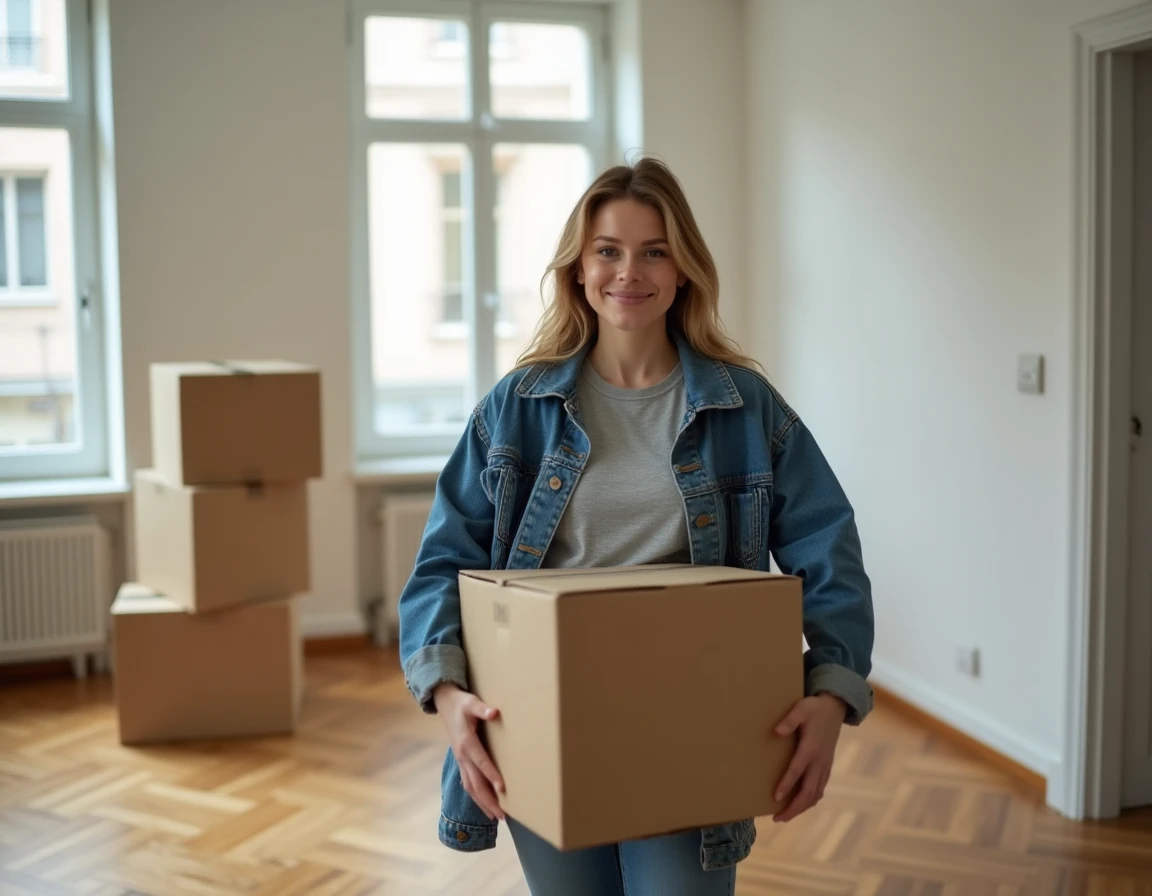 Étudiante emménageant dans un studio avec des cartons, parquet en bois et murs blancs