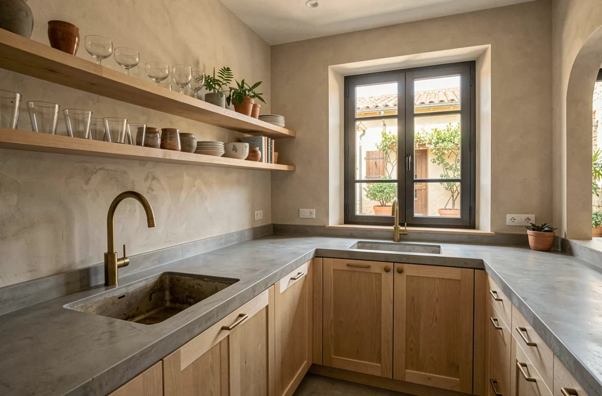 Cuisine contemporaine rénovée par EURL Busato avec plan de travail en béton ciré, cabineterie en chêne clair et vue sur cour provençale
