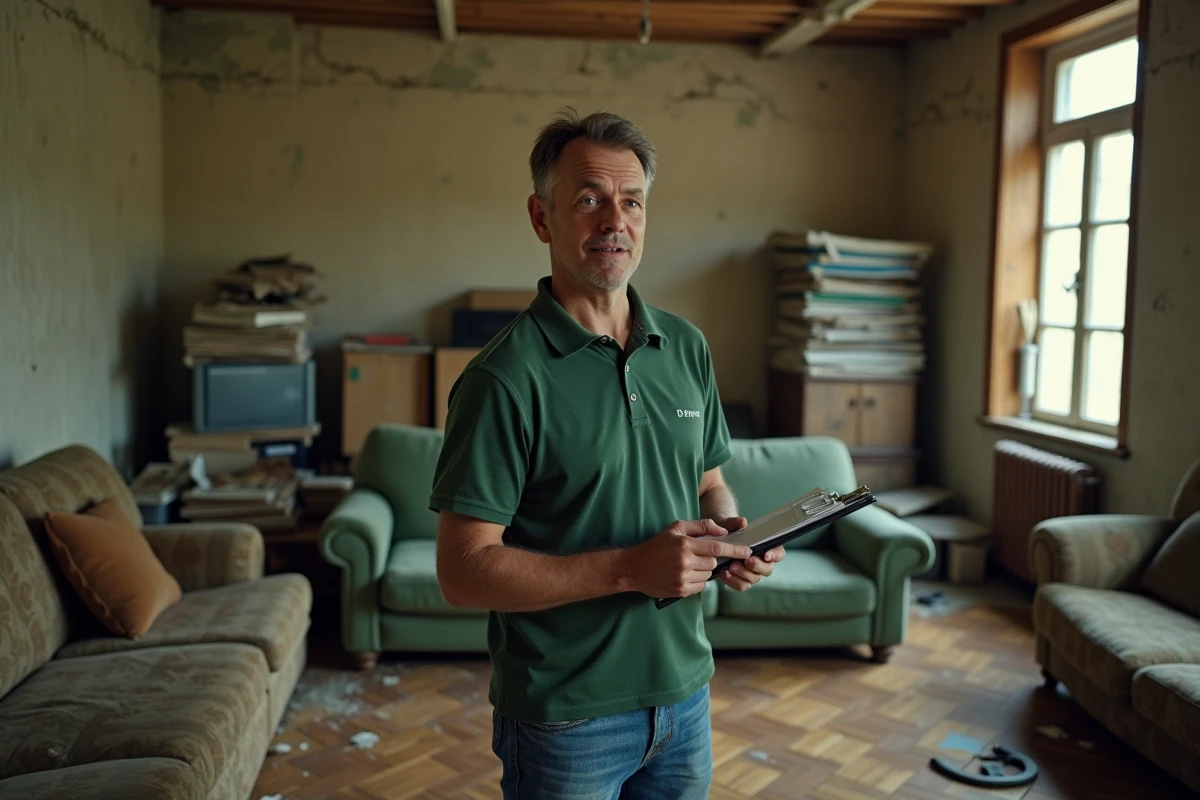 Professionnel du débarras évaluant une maison encombrée avec une liste de contrôle avant intervention