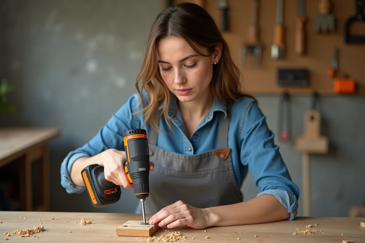 Femme utilisant un extracteur de vis avec une perceuse sans fil pour retirer une vis abîmée d'une charnière