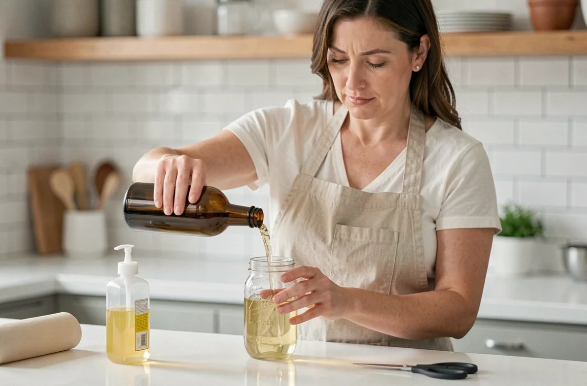 Femme préparant un piège à mouches vinaigre maison en versant du vinaigre de cidre dans un bocal en verre sur un plan de travail blanc
