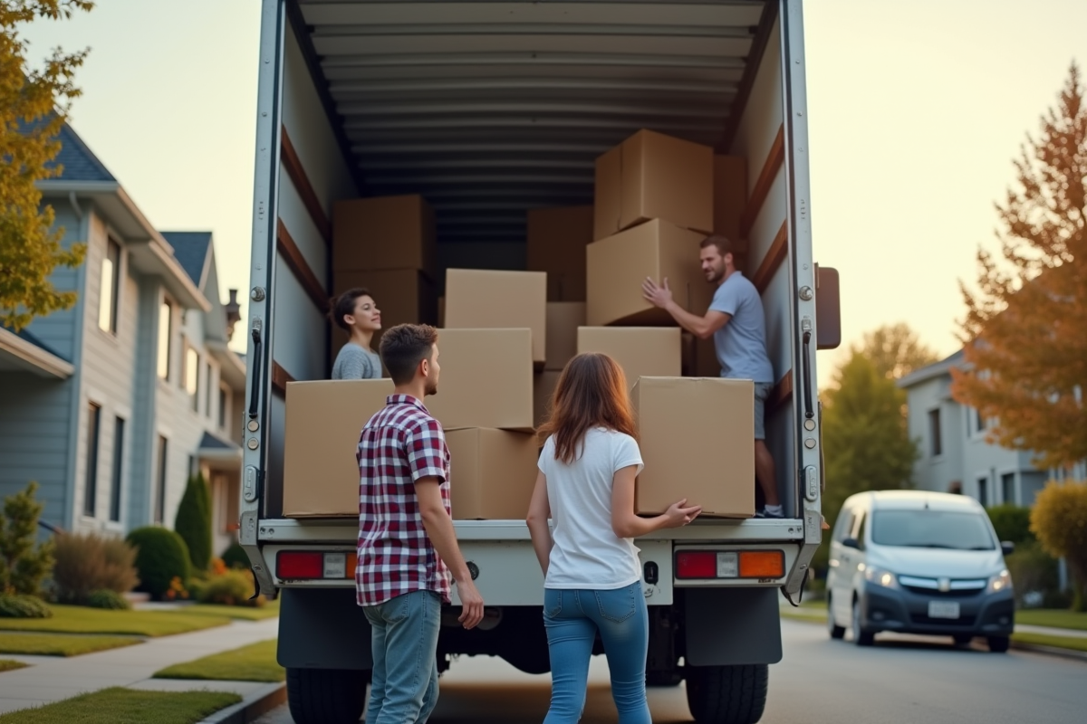 Famille souriante chargeant des boîtes étiquetées dans un camion sur rue