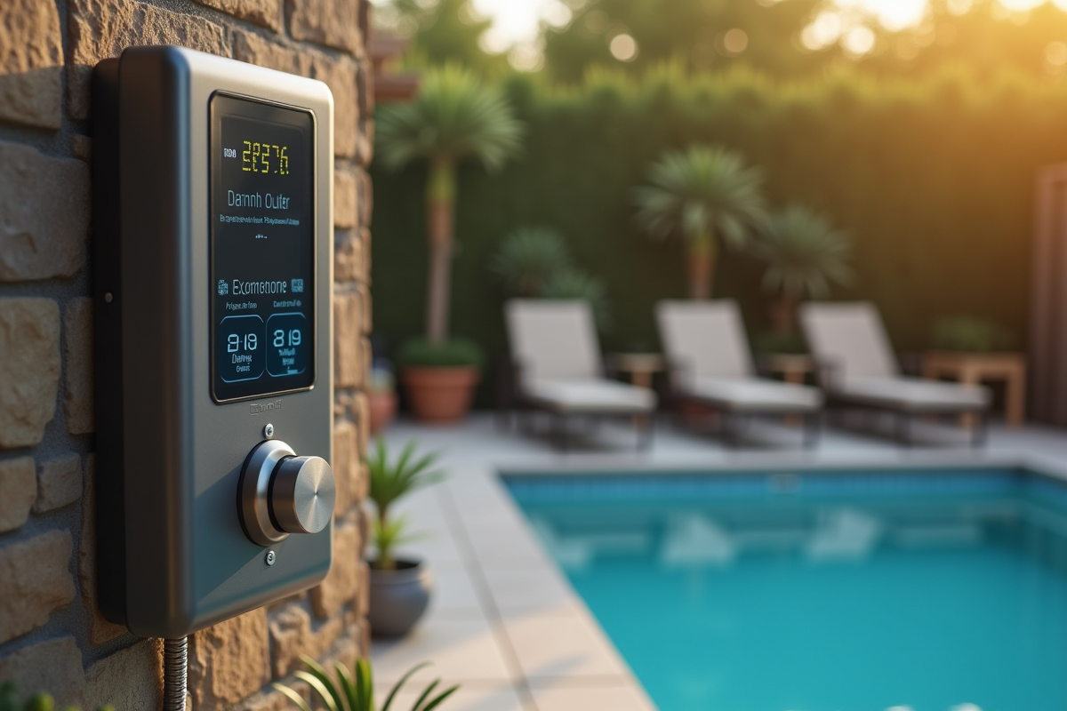 Famille ajustant le panneau de contrôle du chauffage de la piscine