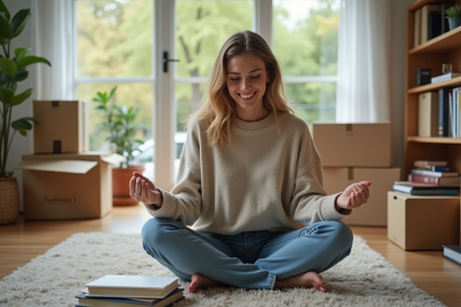Femme arrangeant des livres dans son nouveau salon