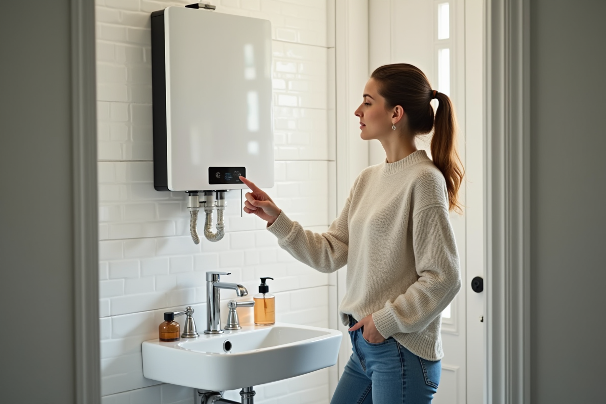 Jeune femme dans une salle de bain moderne pointant un chauffe-eau