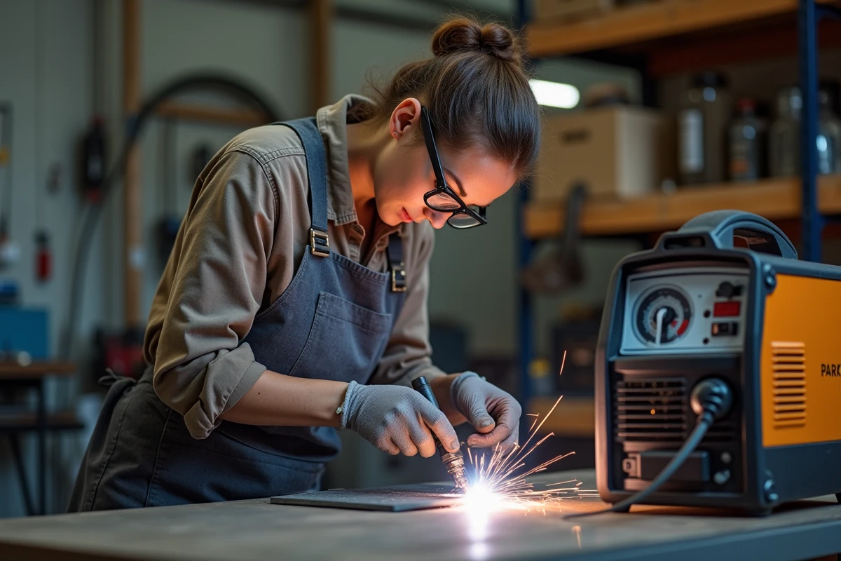 Femme bricoleur utilisant un poste MIG Parkside avec réglage de la vitesse de fil en atelier