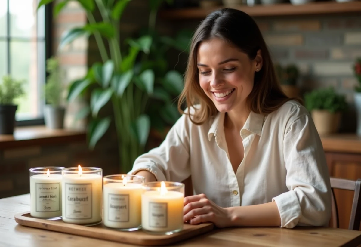 Jeune femme arrangeant des bougies veganes dans la cuisine naturelle