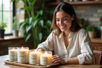 Jeune femme arrangeant des bougies veganes dans la cuisine naturelle
