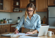 Femme remplissant un formulaire de changement d'adresse dans la cuisine