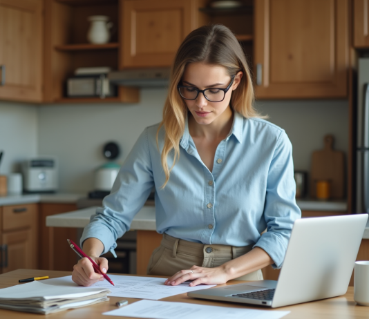 Transférer son courrier : démarches et astuces pour changer d’adresse facilement Femme remplissant un formulaire de changement d'adresse dans la cuisine
