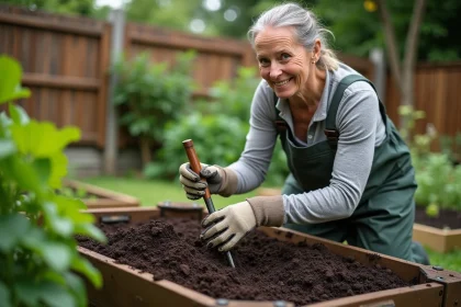Femme au jardin tournant compost dans un jardin verdoyant