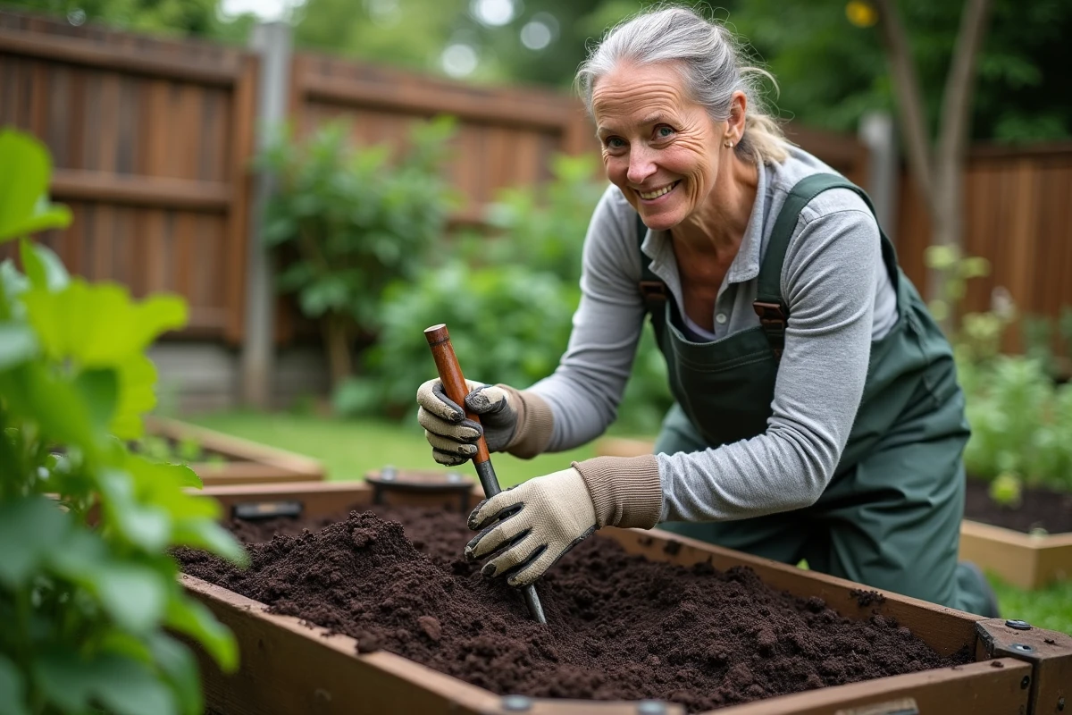 Femme au jardin tournant compost dans un jardin verdoyant