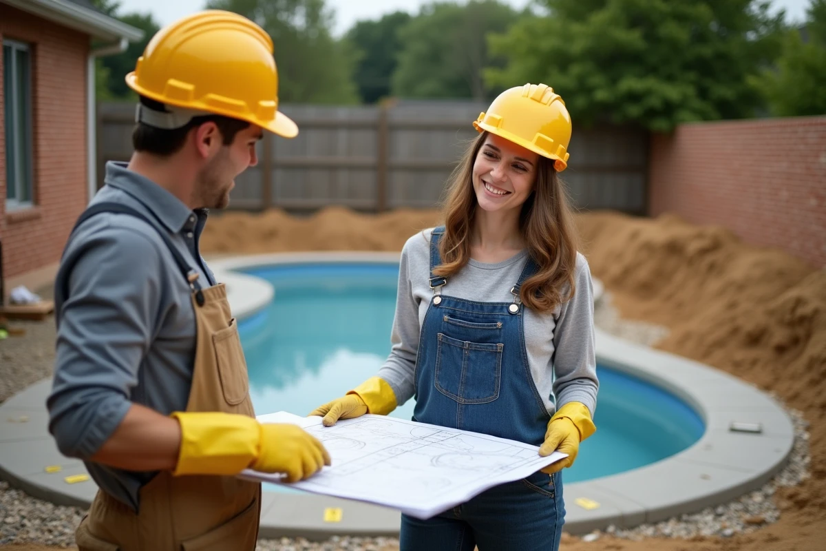 Femme en tenue de chantier examinant plans de piscine