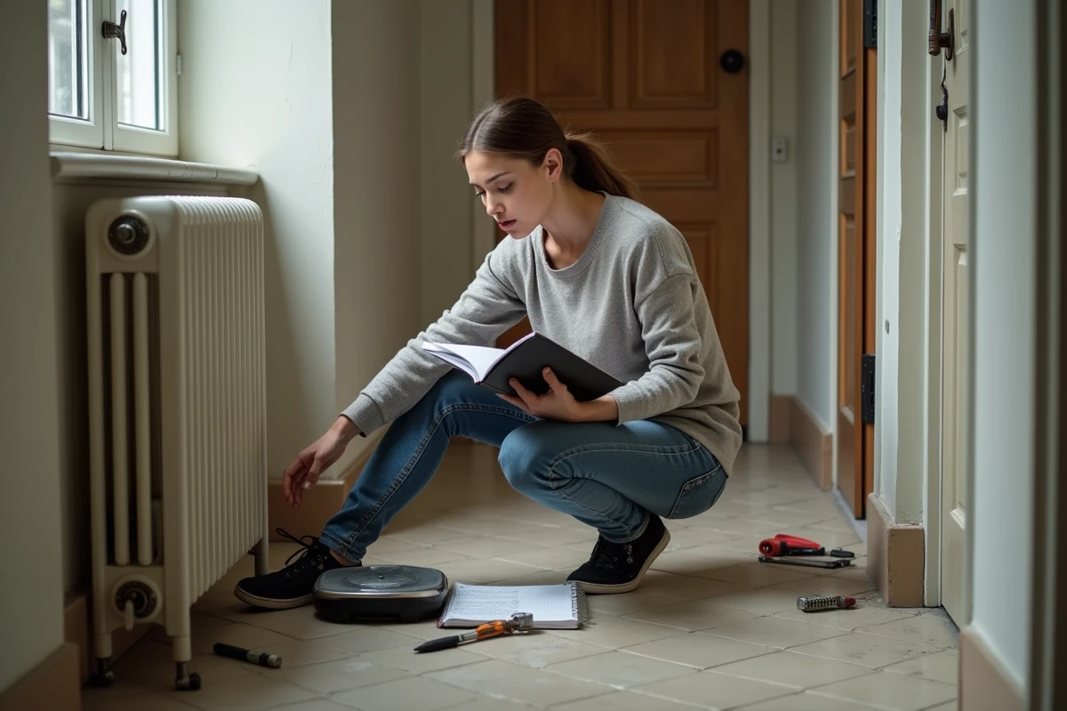 Jeune femme vérifiant un radiateur démonté dans le couloir