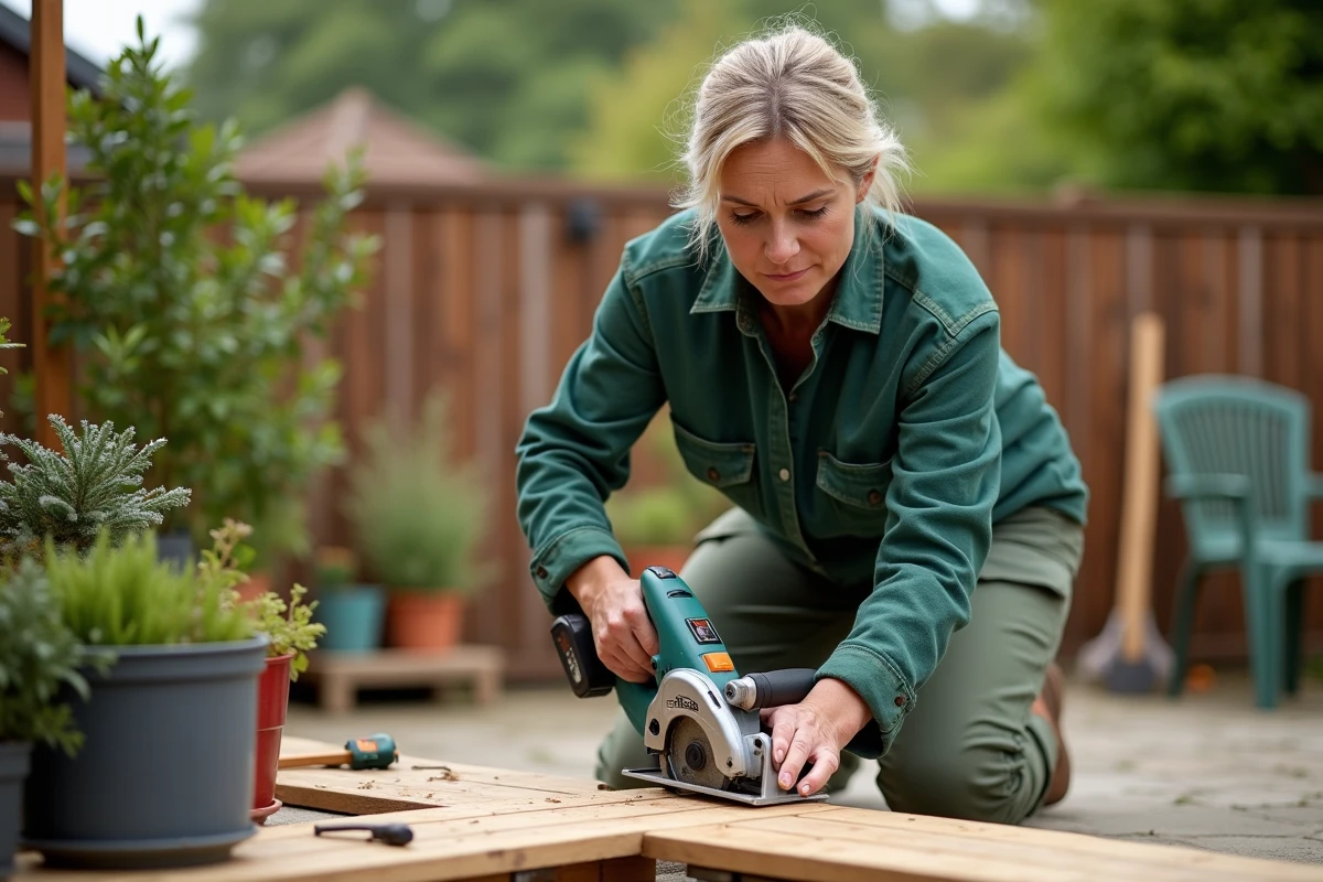 Femme utilisant une scie circulaire en extérieur sur une terrasse