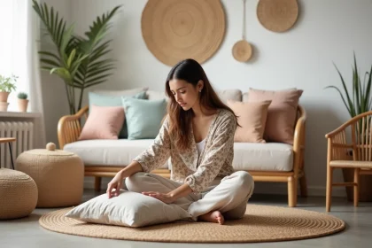 Jeune femme en décoration bohème moderne dans un salon