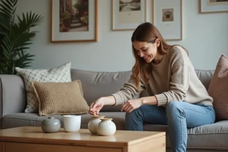 Jeune femme arrangeant des decorations dans un salon cosy