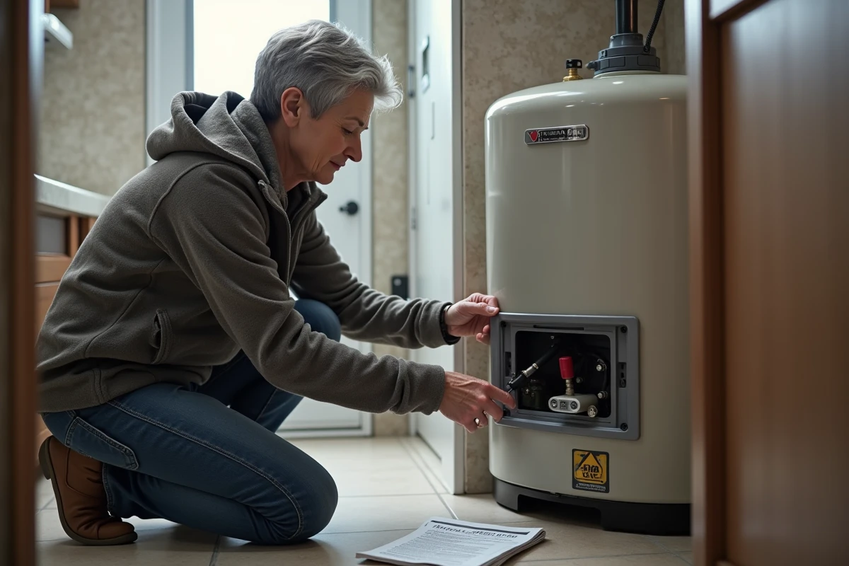 Femme inspectant un chauffe-eau Truma Boiler avec un tournevis pour dépanner un code erreur