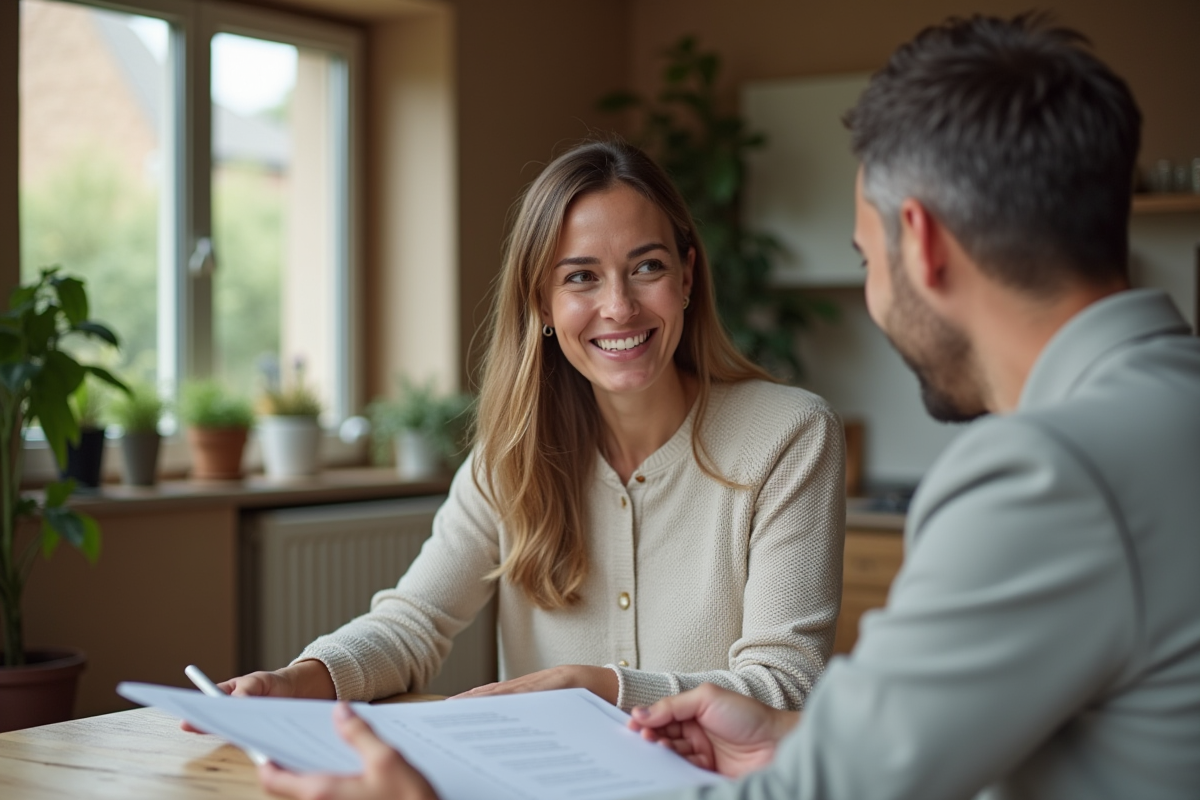 Femme souriante discutant de documents dans une maison moderne